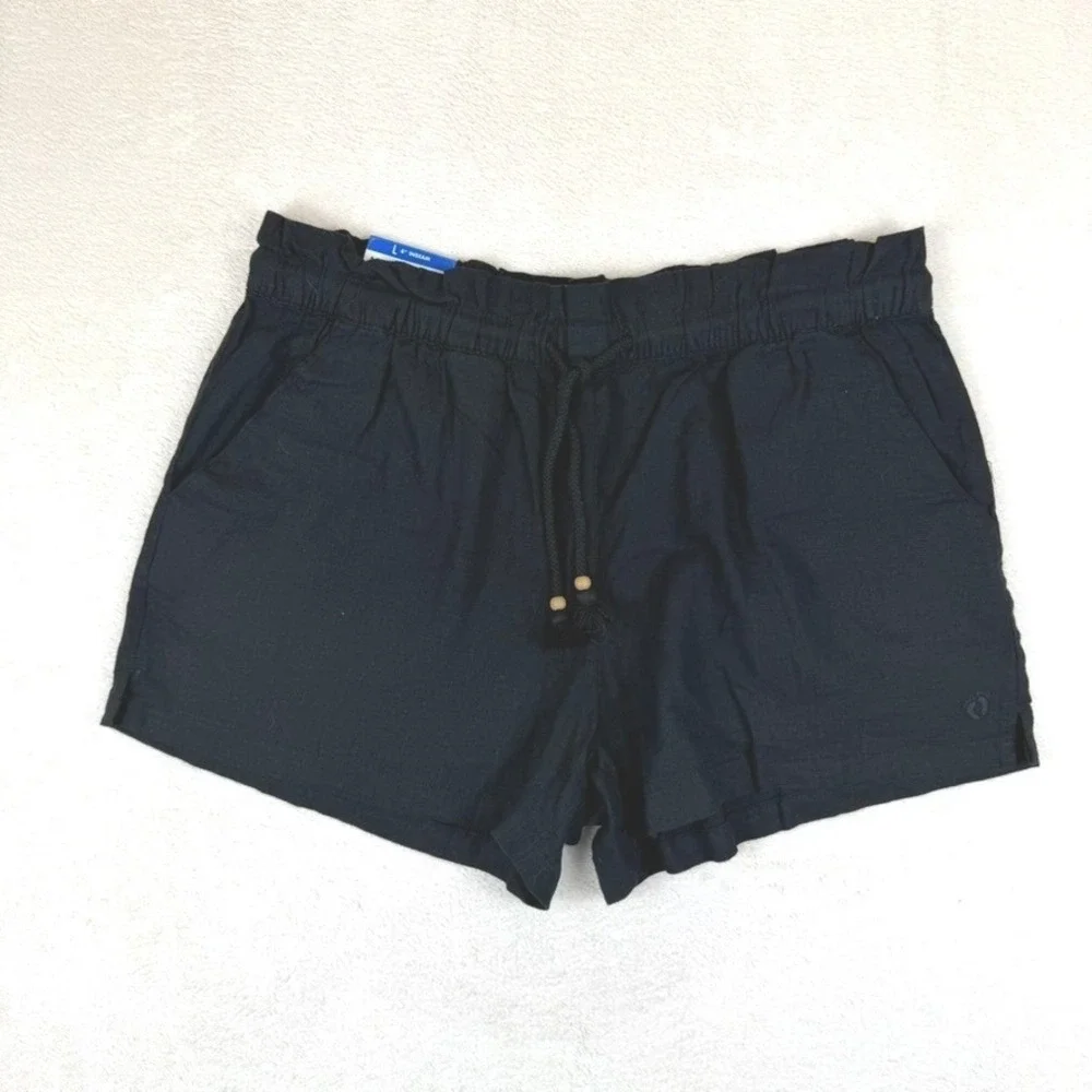 Hang Ten Women Linen Blend Paperbag Waist Shorts Set of 2 Black Green Large